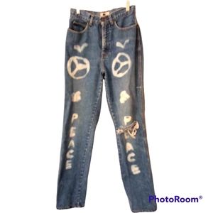 Calvin Klein vintage self destructed straight leg jeans peace symbol.